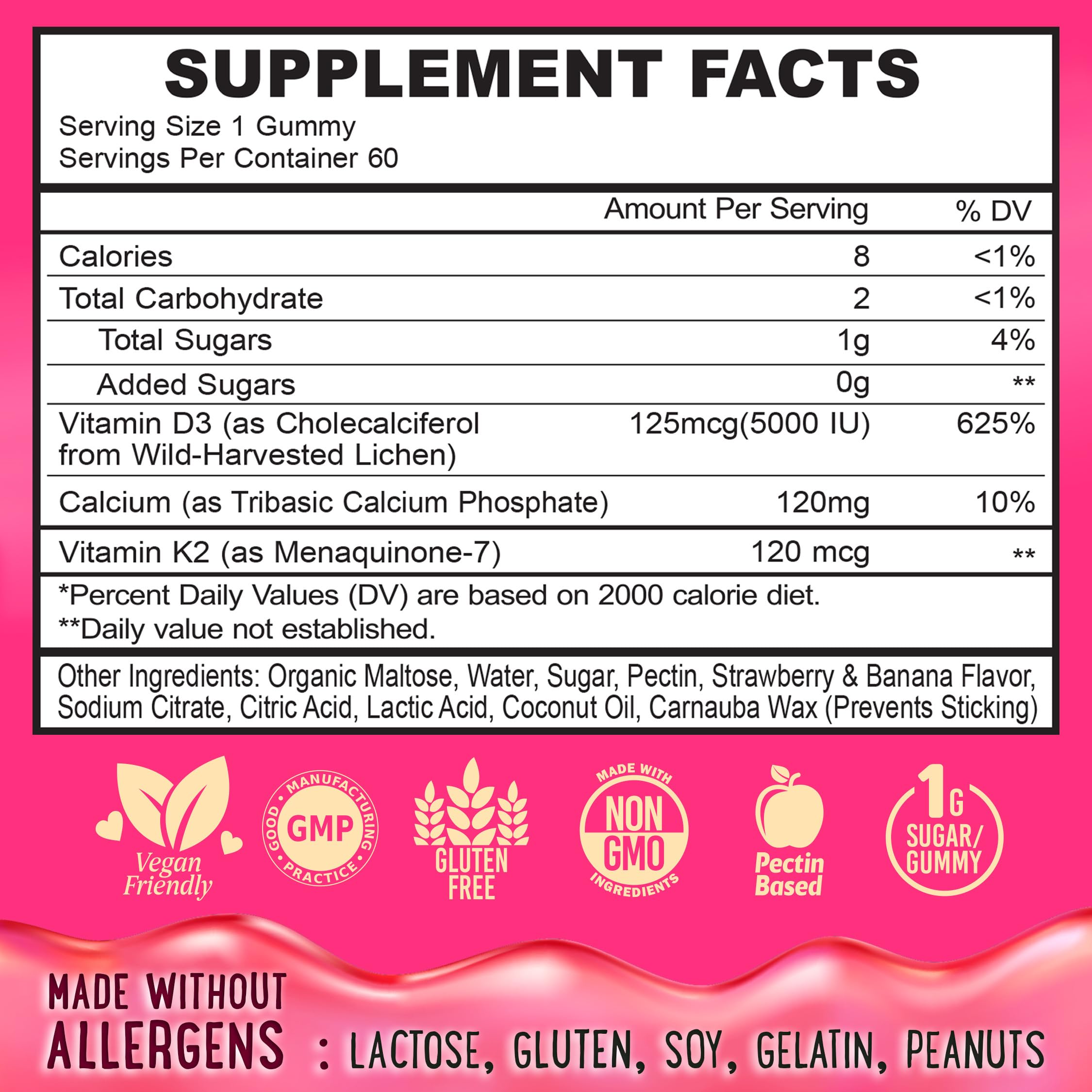 OH MY CHEWY gummies ingredients panel highlights D3, K2, and calcium synergy.