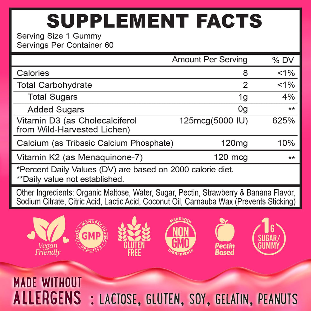 OH MY CHEWY gummies ingredients panel highlights D3, K2, and calcium synergy.