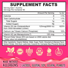 OH MY CHEWY gummies ingredients panel highlights D3, K2, and calcium synergy.