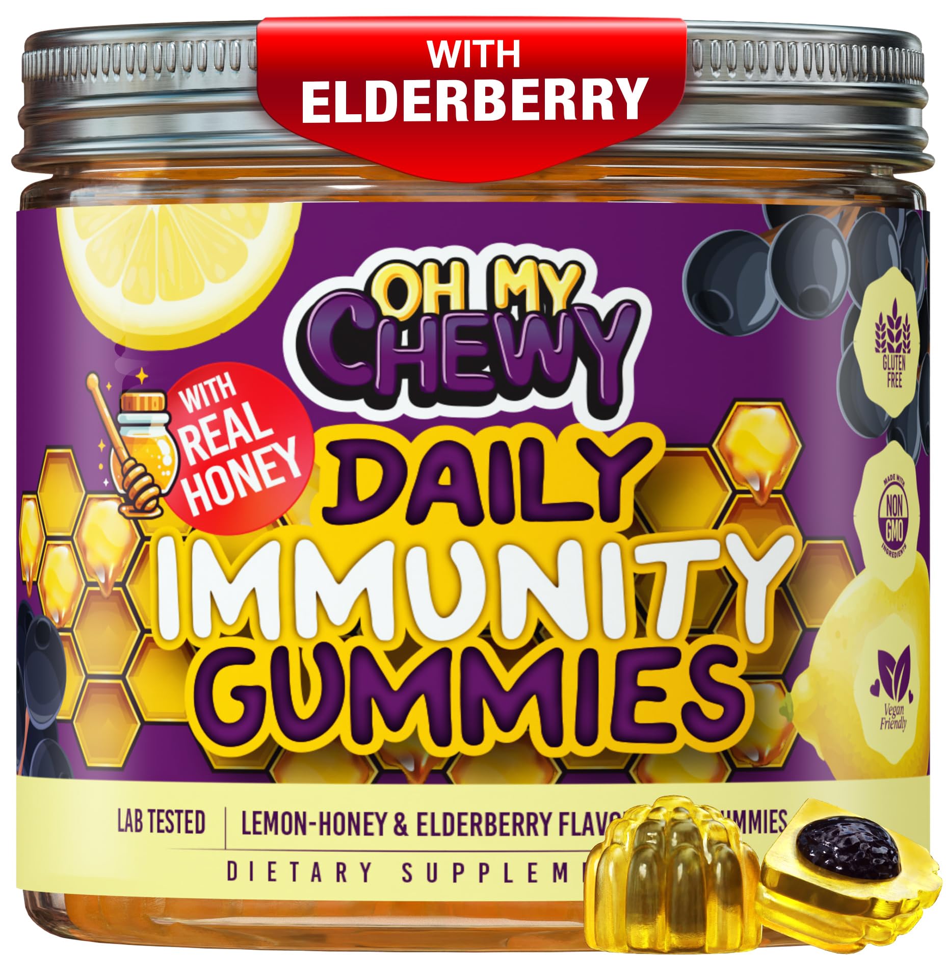 OH MY CHEWY elderberry gummies with lemon-honey center for immune support.