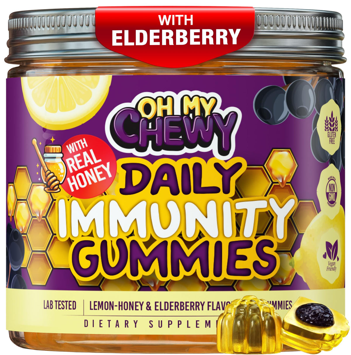 OH MY CHEWY elderberry gummies with lemon-honey center for immune support.