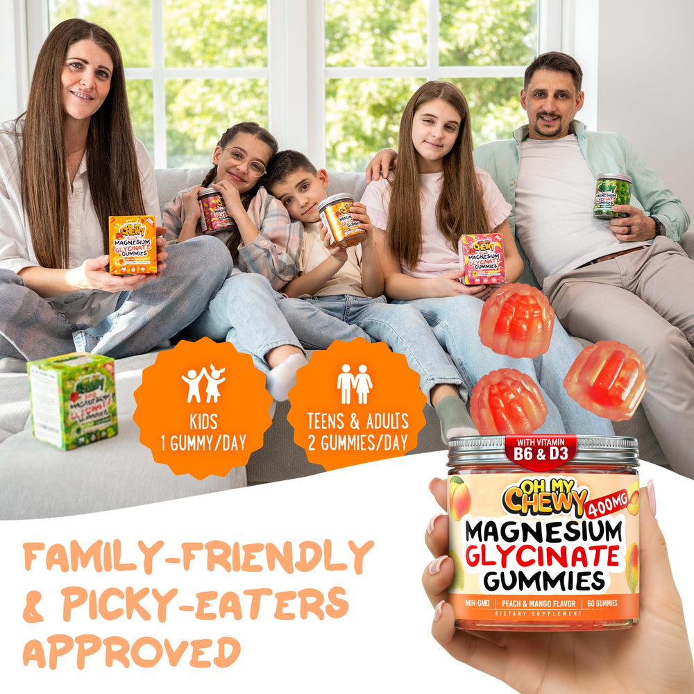 OH MY CHEWY gummies shown during a family evening for wellness and calm.
