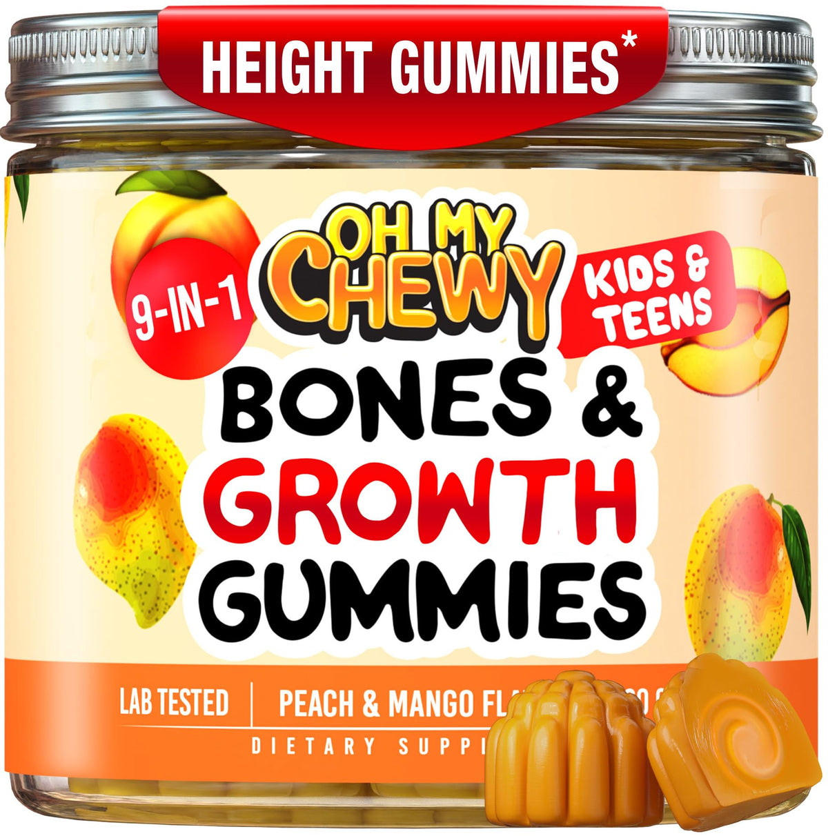 OH MY CHEWY height growth bottle with kid-friendly gummies for bone support.