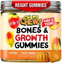 OH MY CHEWY height growth bottle with kid-friendly gummies for bone support.