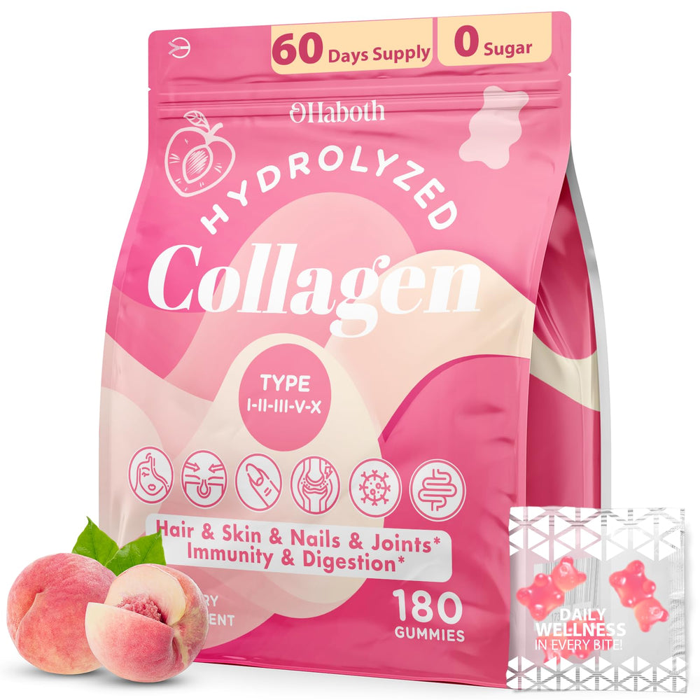 OHaboth Collagen Gummies bottle front shows daily wellness routine for radiant skin