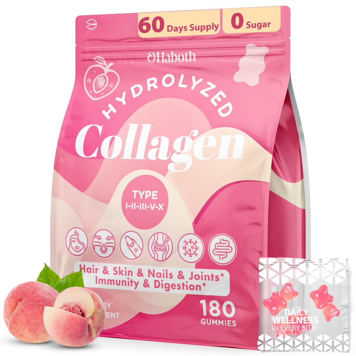 OHaboth Collagen Gummies bottle front shows daily wellness routine for radiant skin