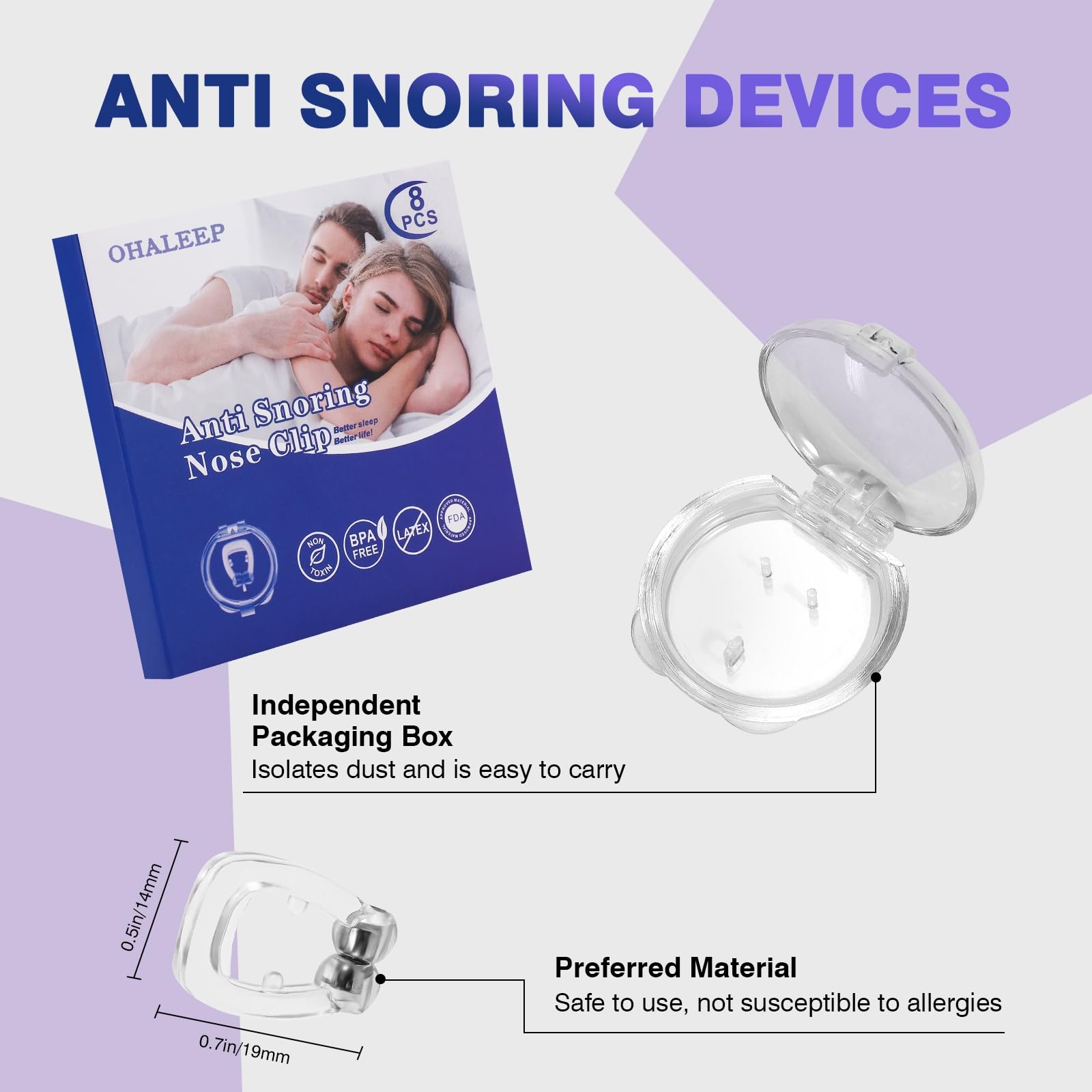 OHALEEP snore stopper magnetic nose clip worn comfortably overnight.