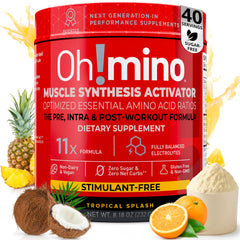 Oh!mino BCAAs + EAAs tropical flavor bottle for recovery and hydration.