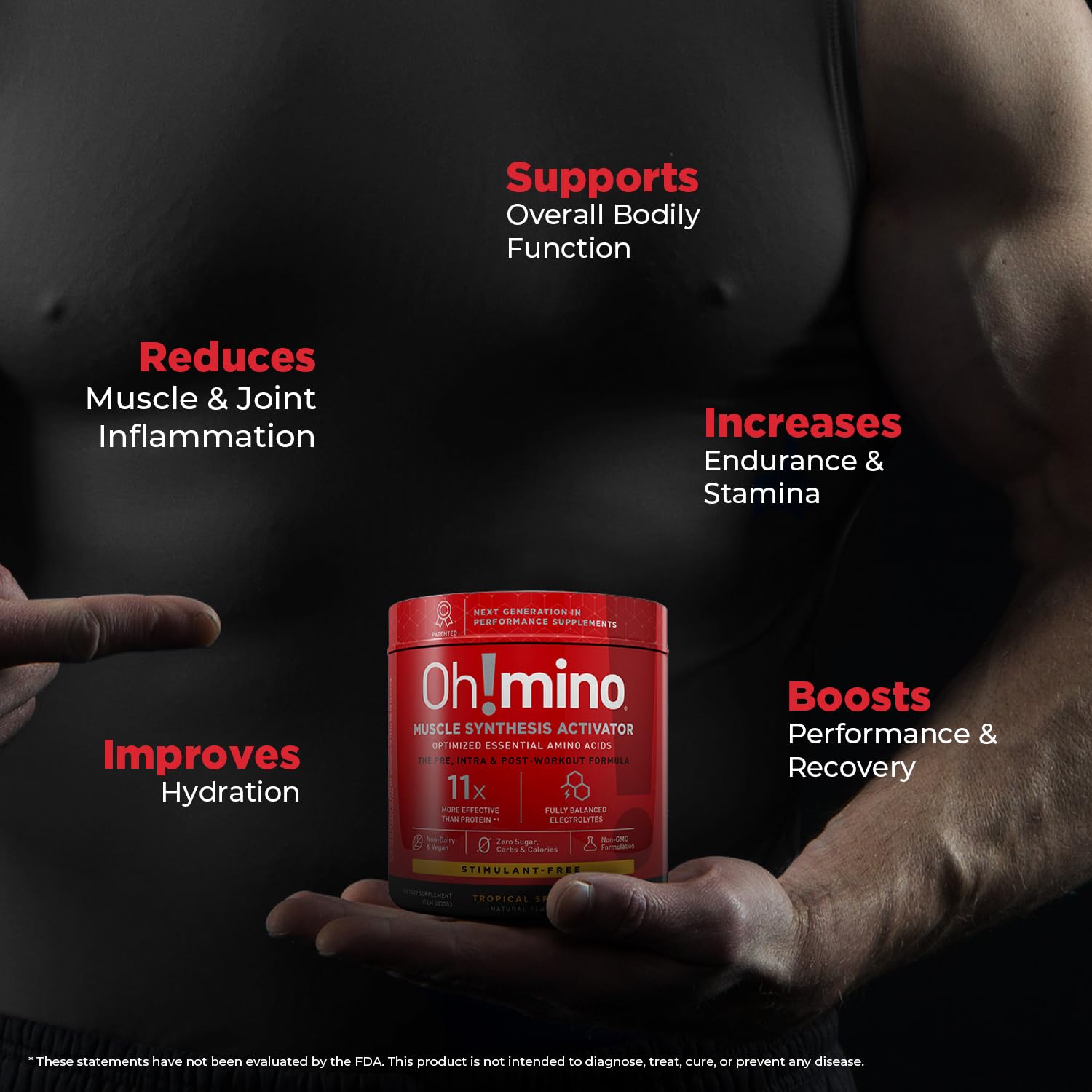 Vegan label on Oh!mino BCAAs + EAAs packaging highlighting clean nutrition.