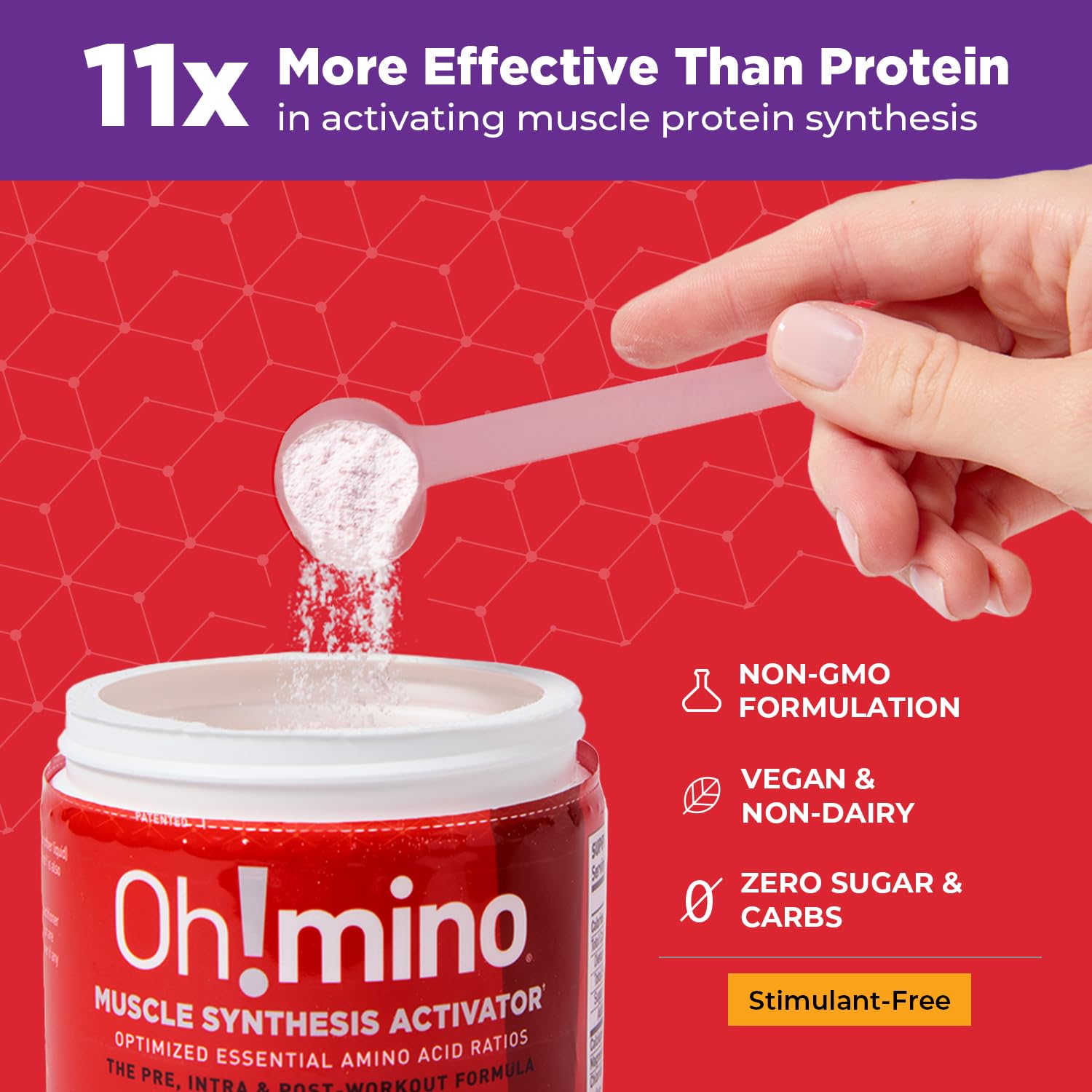 Pouring Oh!mino Berry Blast into water creates a refreshing post-workout drink.