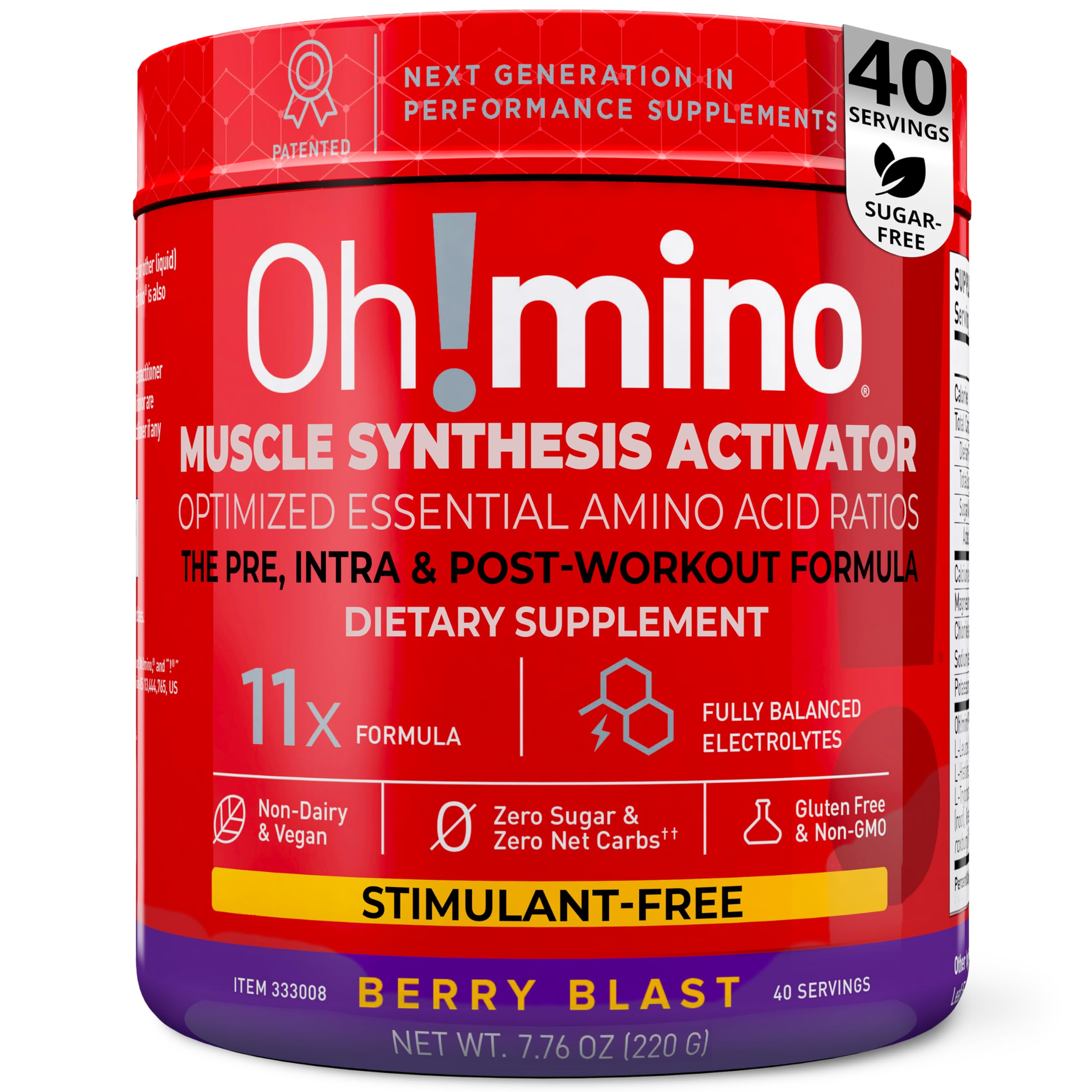 Oh!mino Essential Amino Acids Berry Blast tub highlights a complete EAA and BCAA blend for performance support.