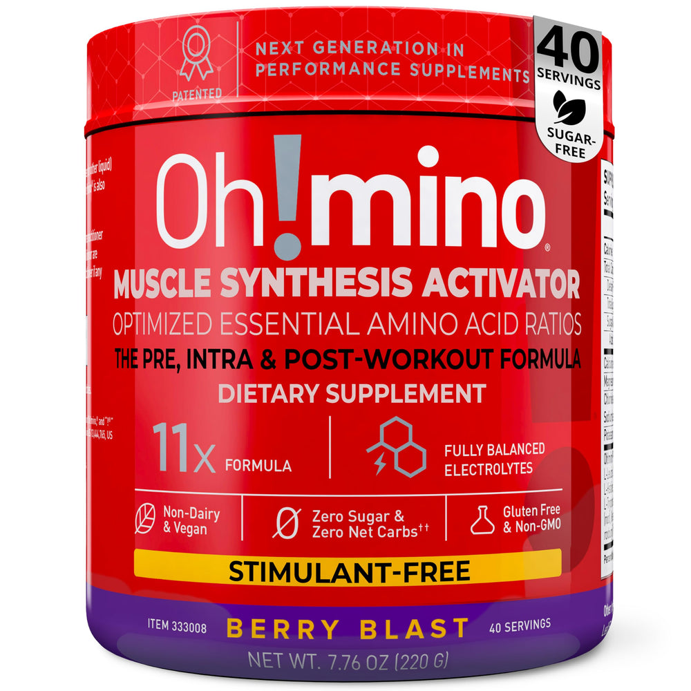 Oh!mino Essential Amino Acids Berry Blast tub highlights a complete EAA and BCAA blend for performance support.