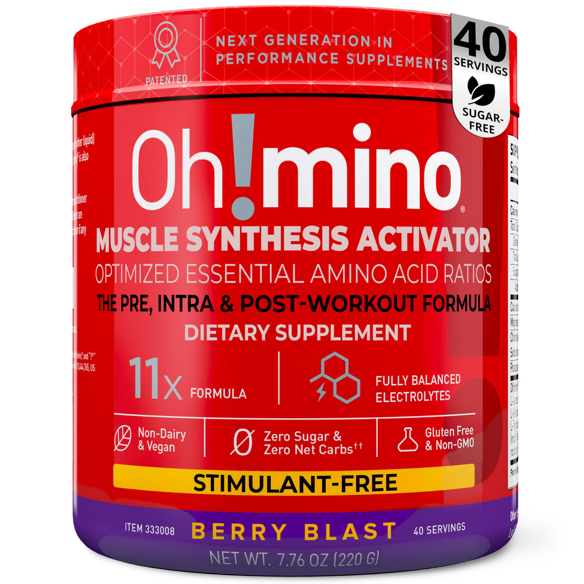 Oh!mino Essential Amino Acids Berry Blast tub highlights a complete EAA and BCAA blend for performance support.