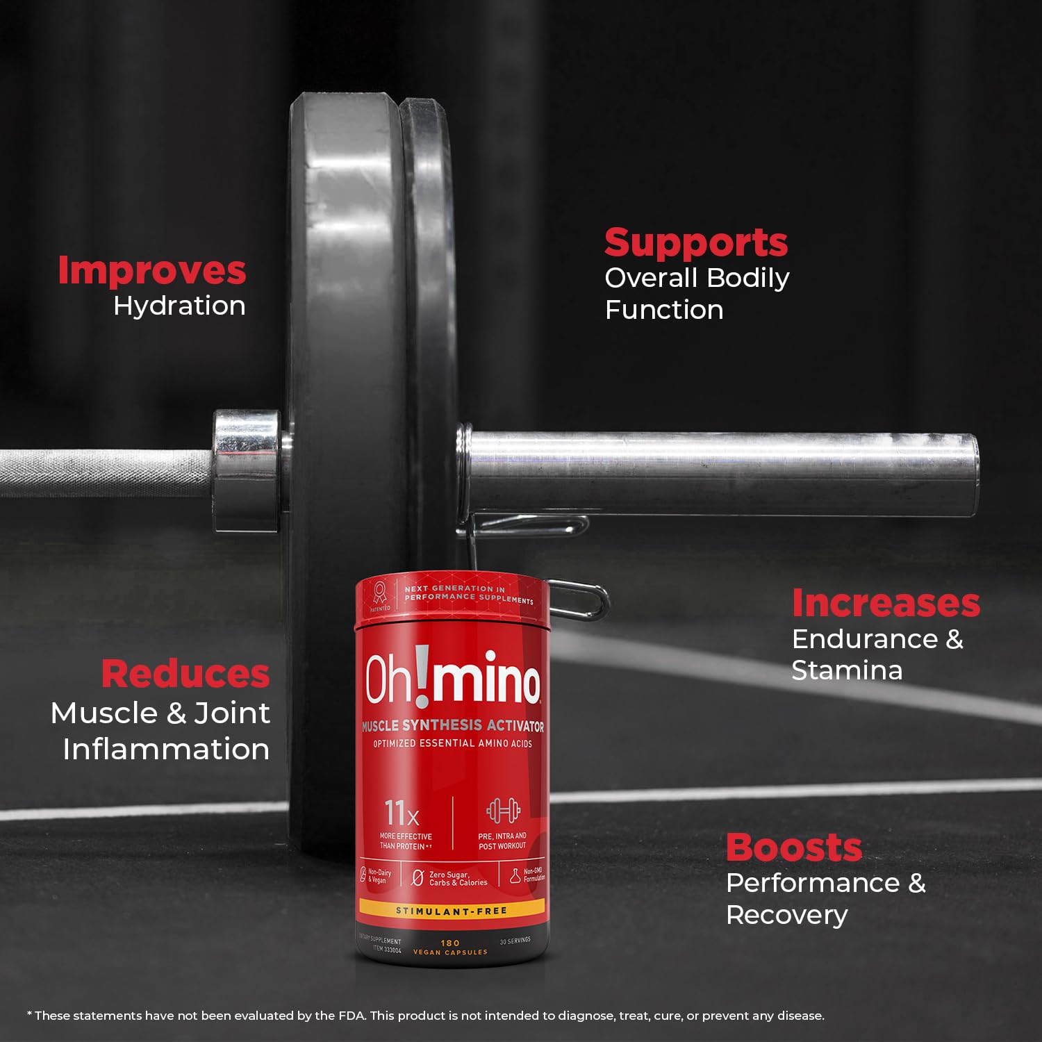 Oh!mino Essential Amino Acids bottle with glass illustrates convenient daily supplementation.