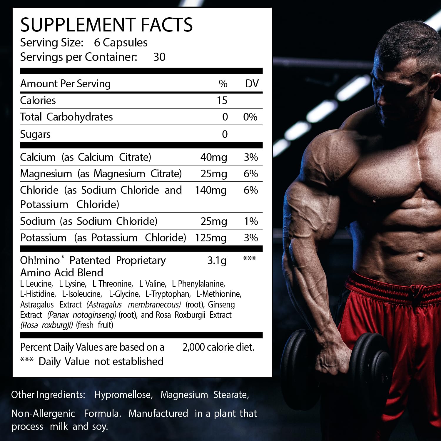 Oh!mino Essential Amino Acids capsules close-up highlights compact, stimulant-free nutrition.