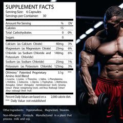Oh!mino Essential Amino Acids capsules close-up highlights compact, stimulant-free nutrition.
