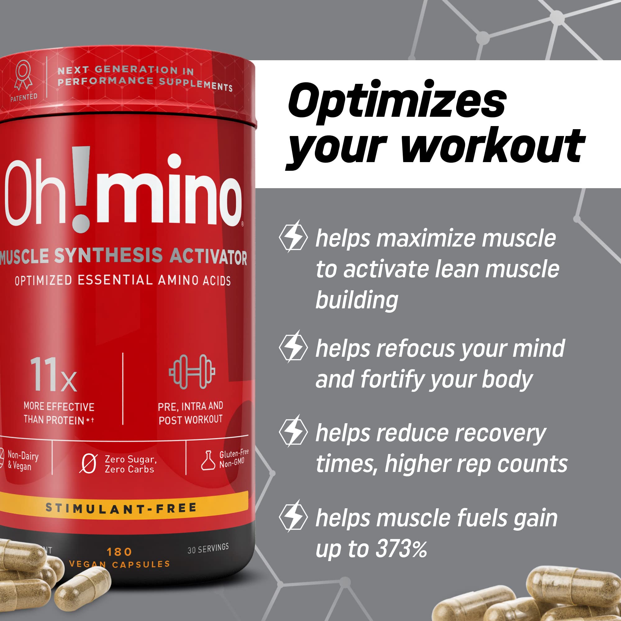 Oh!mino Essential Amino Acids daily-use scene highlights easy capsules for busy lifestyles.