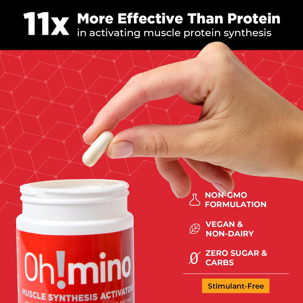 Oh!mino Essential Amino Acids packaging label close-up emphasizes vegan, non-GMO formula.