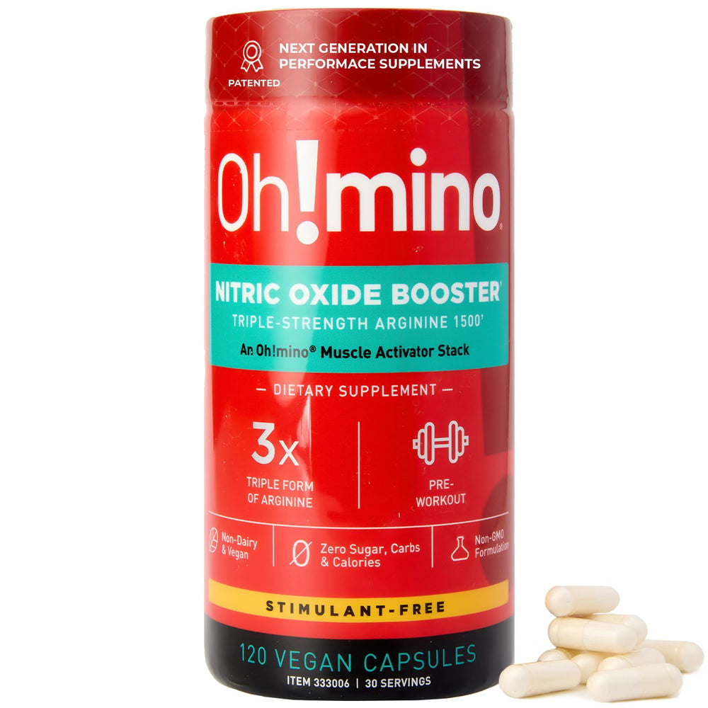Oh!mino L-Arginine Nitric Oxide bottle shows potential energy and blood flow support