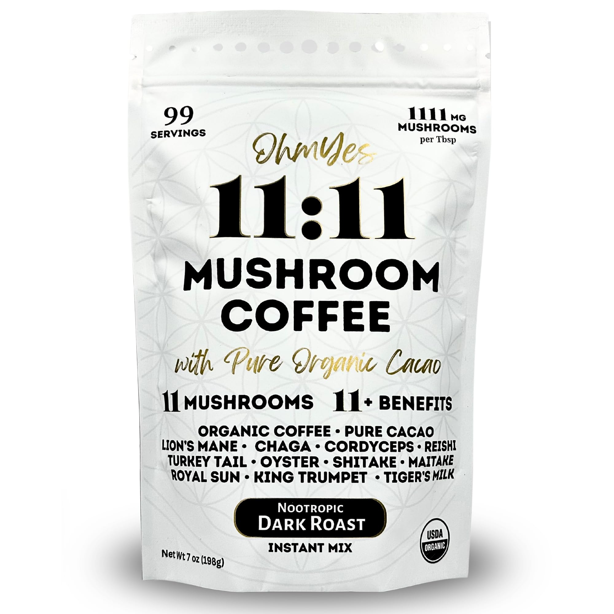 OhmYes 11 Mushroom Coffee + Cacao bottle shows balanced energy from organic mushrooms.