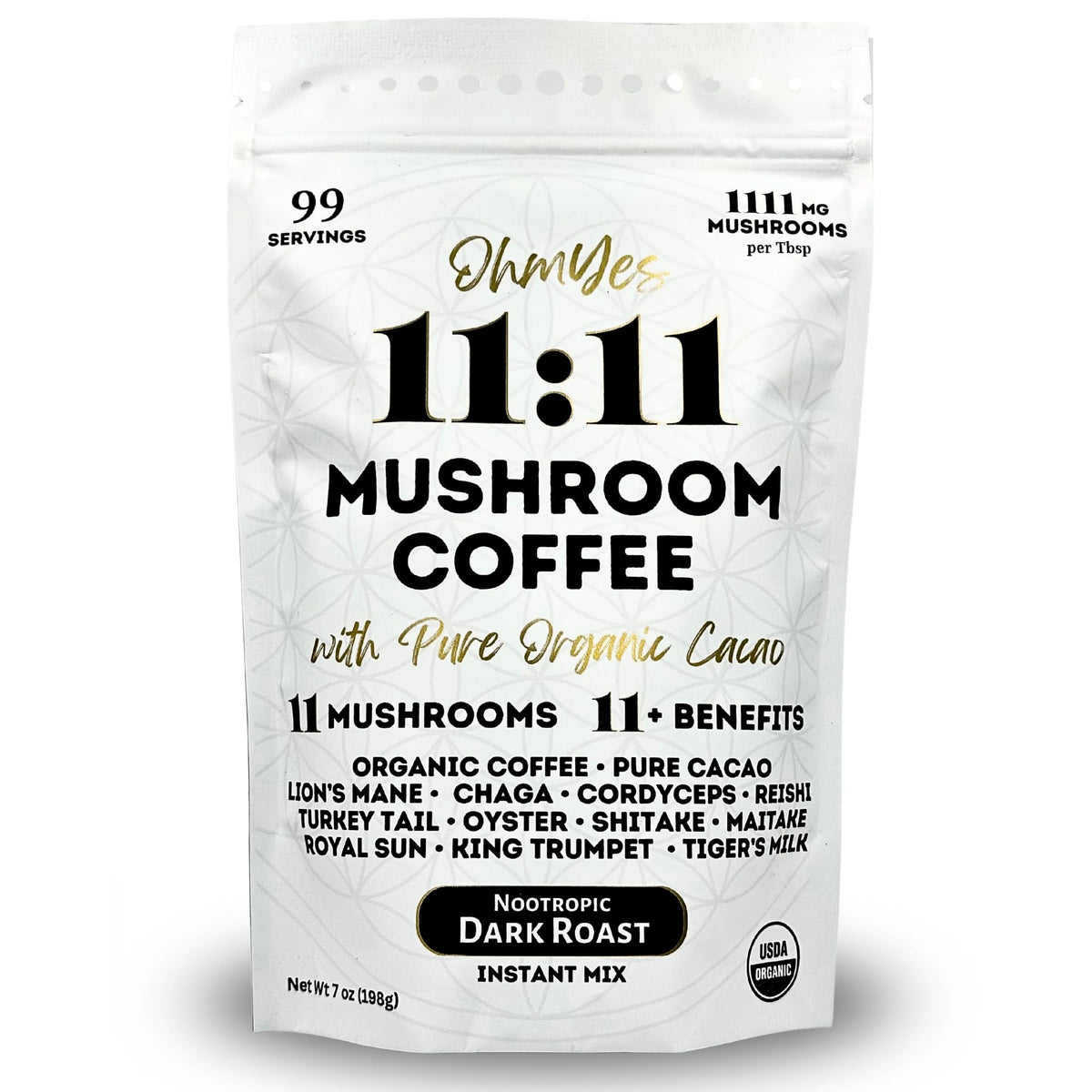 OhmYes 11 Mushroom Coffee + Cacao bottle shows balanced energy from organic mushrooms.