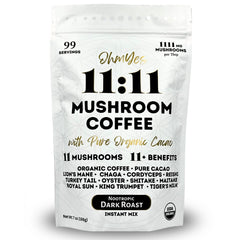 OhmYes 11 Mushroom Coffee + Cacao bottle shows balanced energy from organic mushrooms.