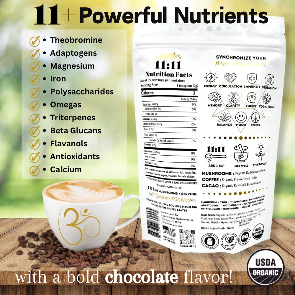 OhmYes 11 mushroom coffee powder-dispense emphasizes quick nootropic energy for mornings.