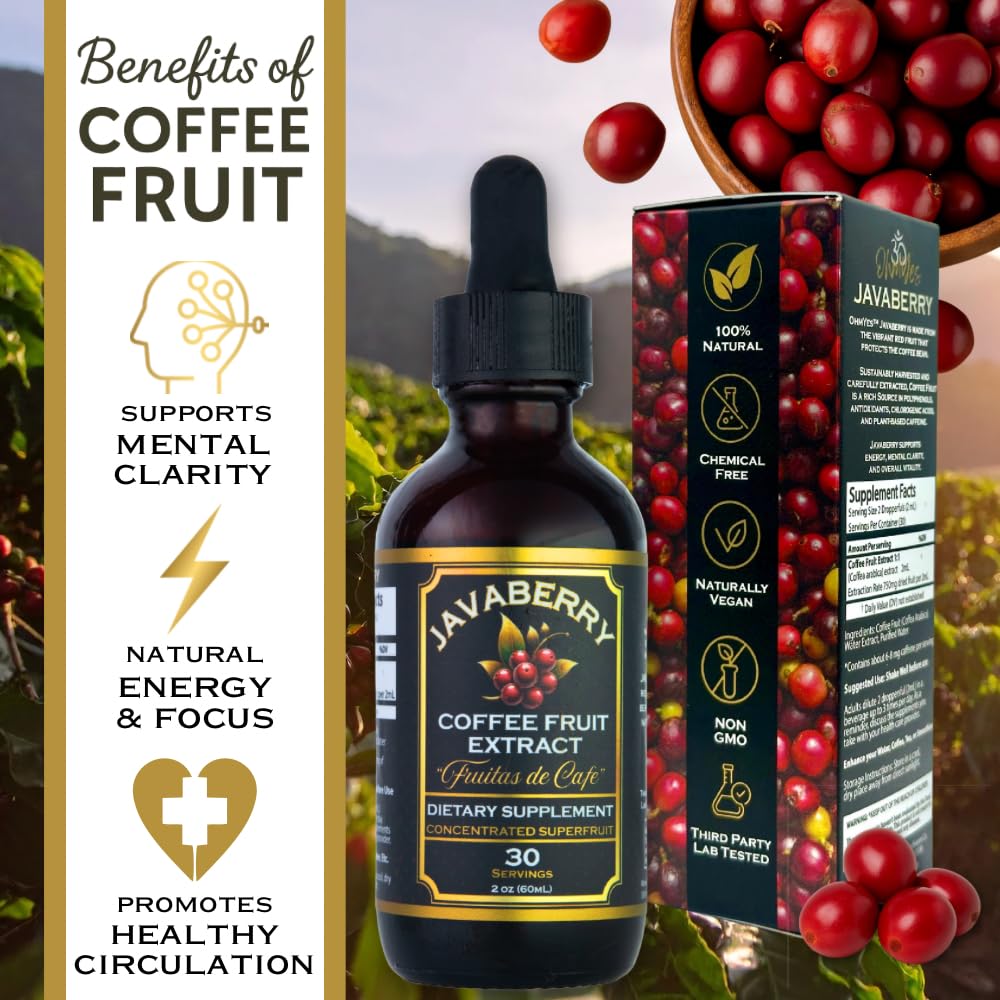 OhmYes Javaberry coffee fruit extract drops being poured for easy, steady mental clarity.