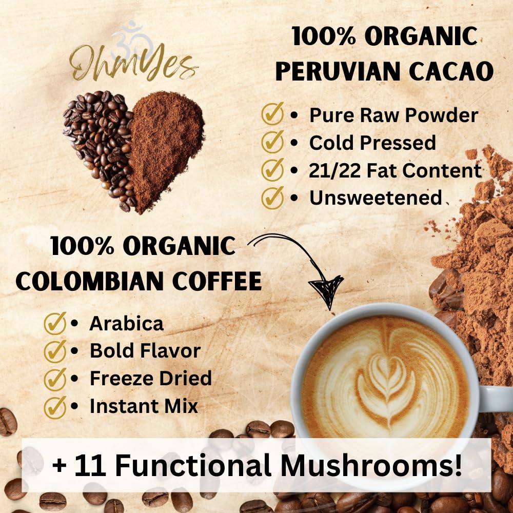 OhmYes organic dark roast coffee with mushrooms captures bold flavor and clean focus.