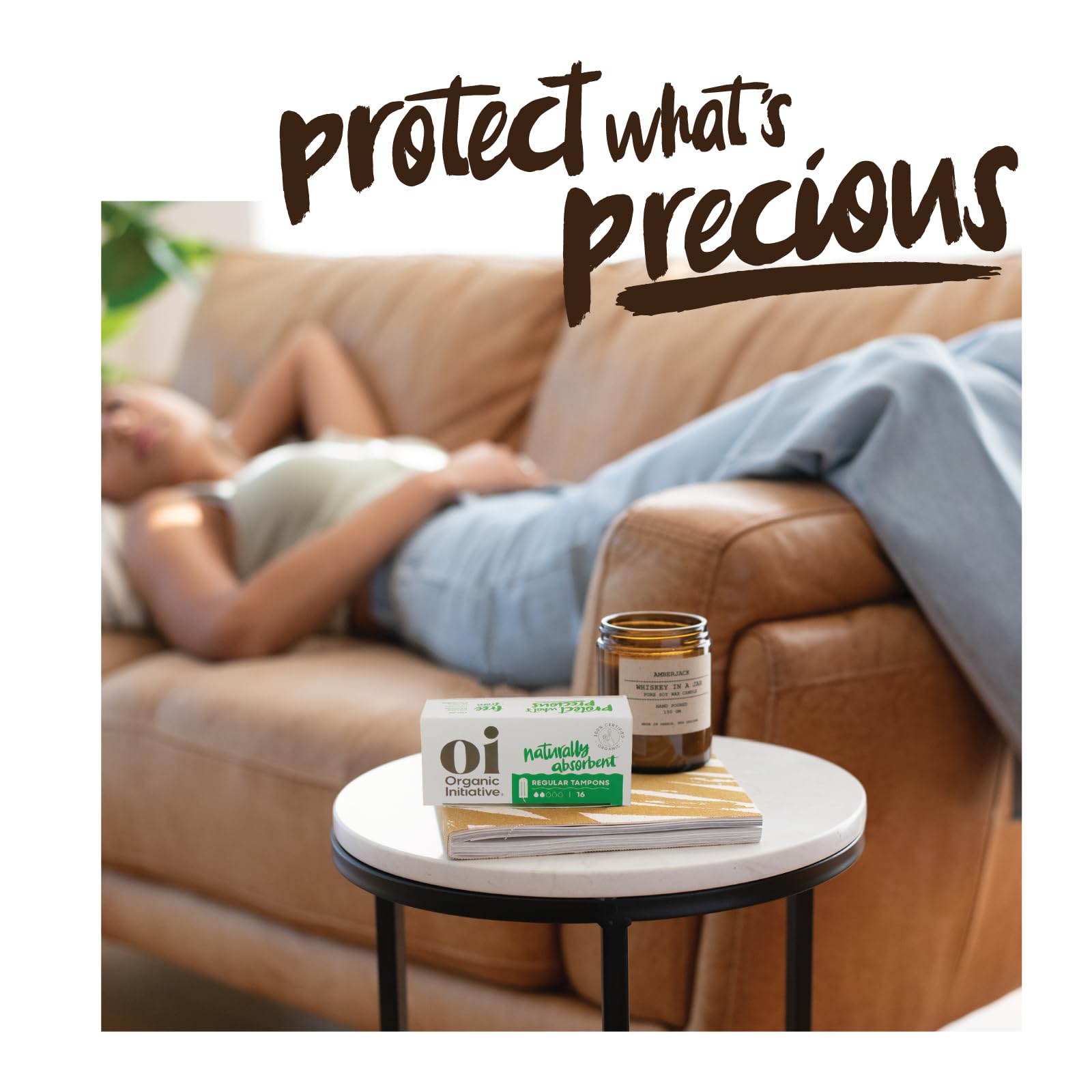 Oi BioGro-certified organic cotton tampon supports sustainable sourcing and care.