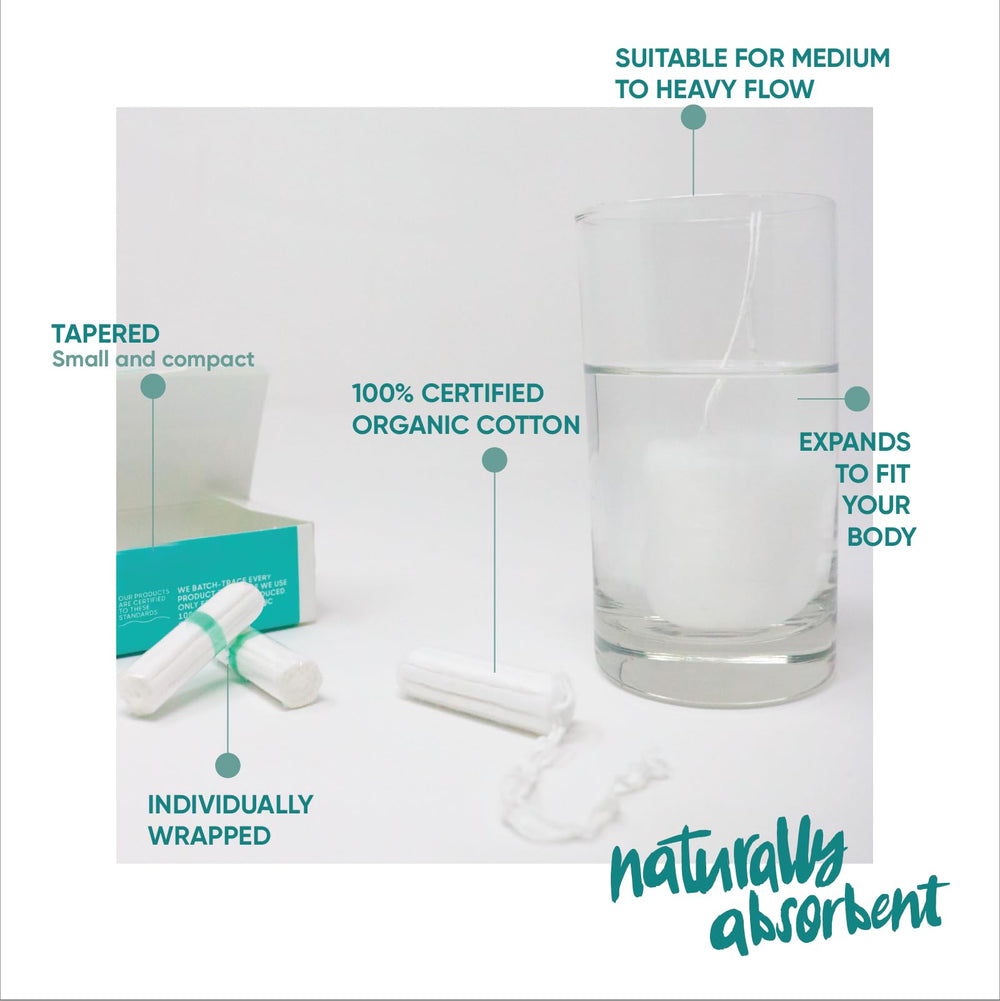 Oi GOTS-certified cotton tampon, certified organic by ICEA for responsible sourcing.