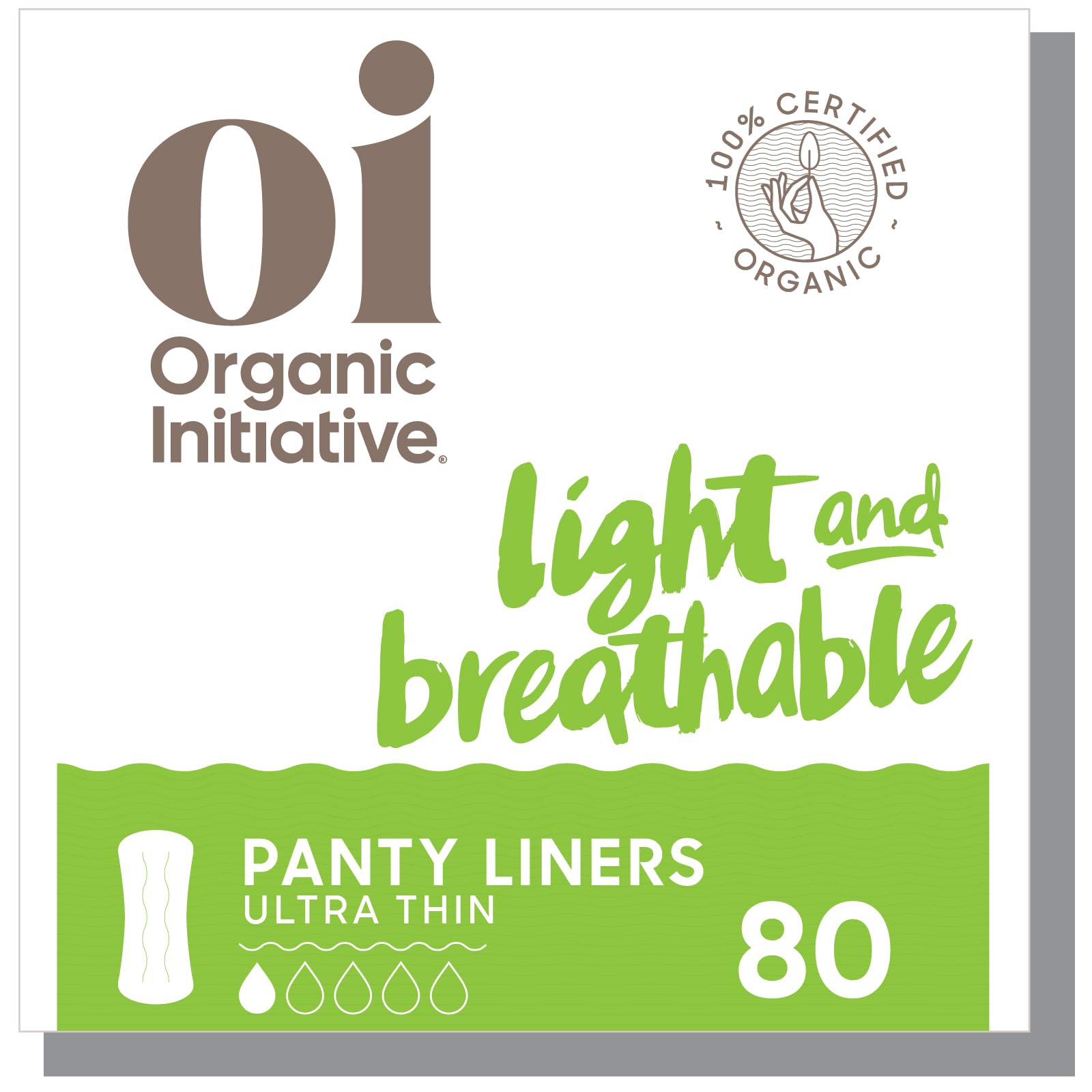 Oi l Organic Initiative ultra-thin pantyliner top layer closeup for gentle daily protection