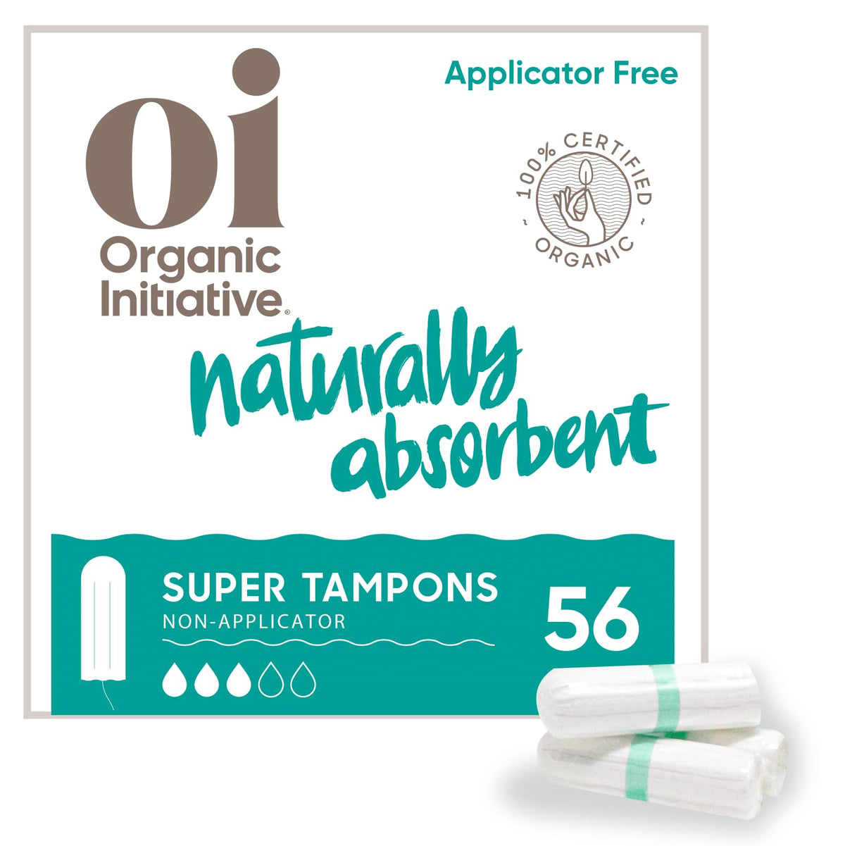 Oi Organic Initiative non-applicator tampon in compact design for on-the-go comfort.