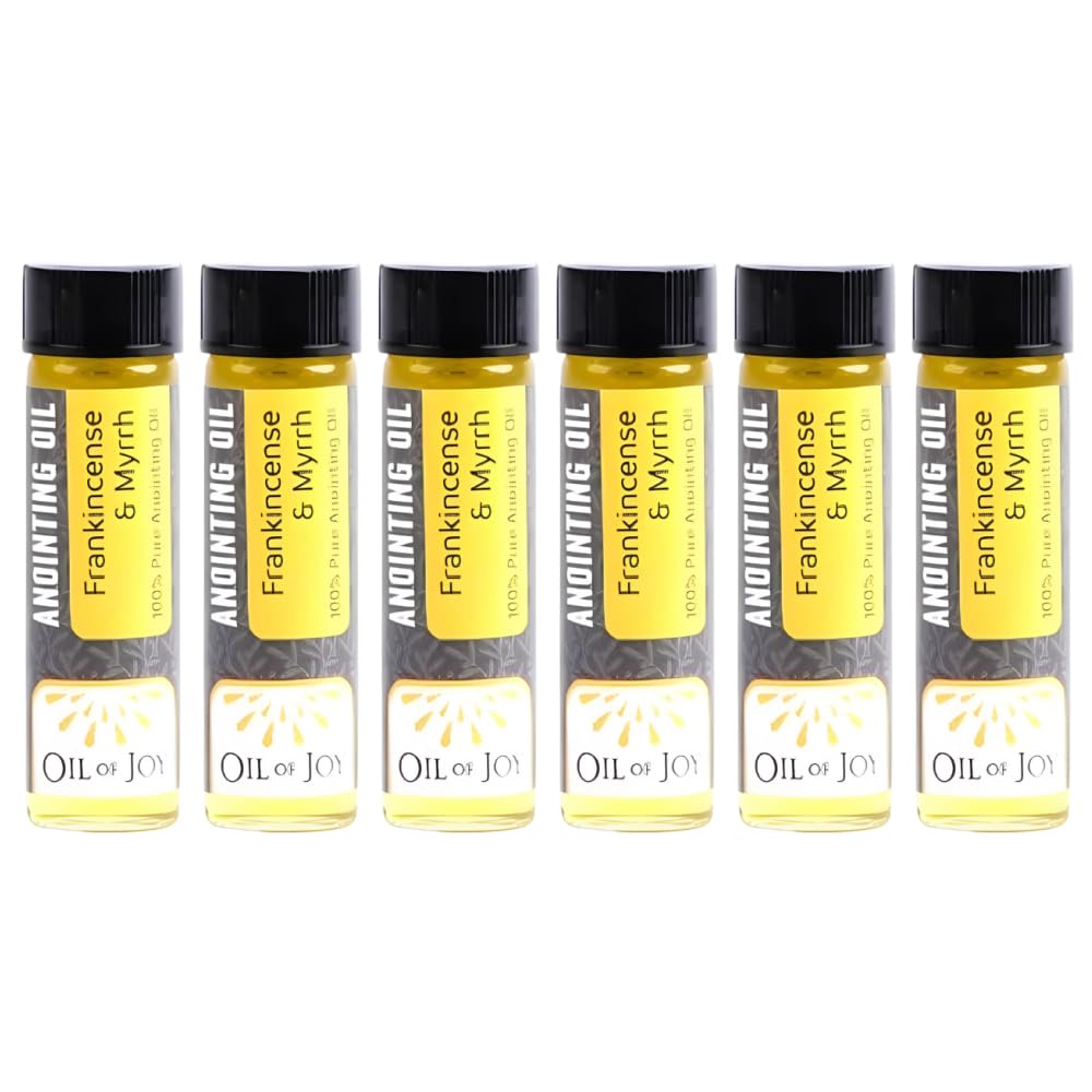 Oil Of Joy anointing oil bottle close-up with Frankincense and Myrrh for focused meditation.