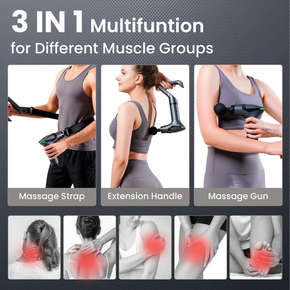 OILSAO deep tissue massage gun with strap kneads large areas for improved circulation.