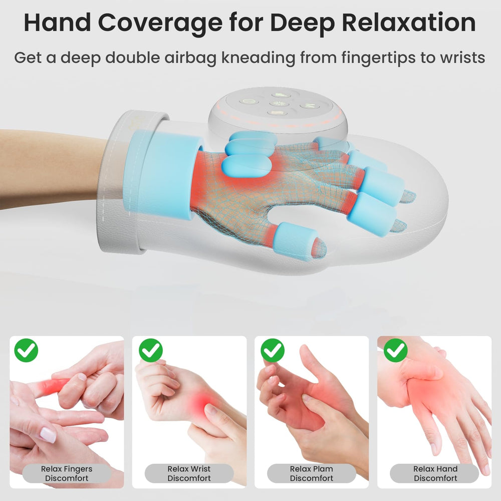 OILSAO device displaying three massage modes for hand therapy.