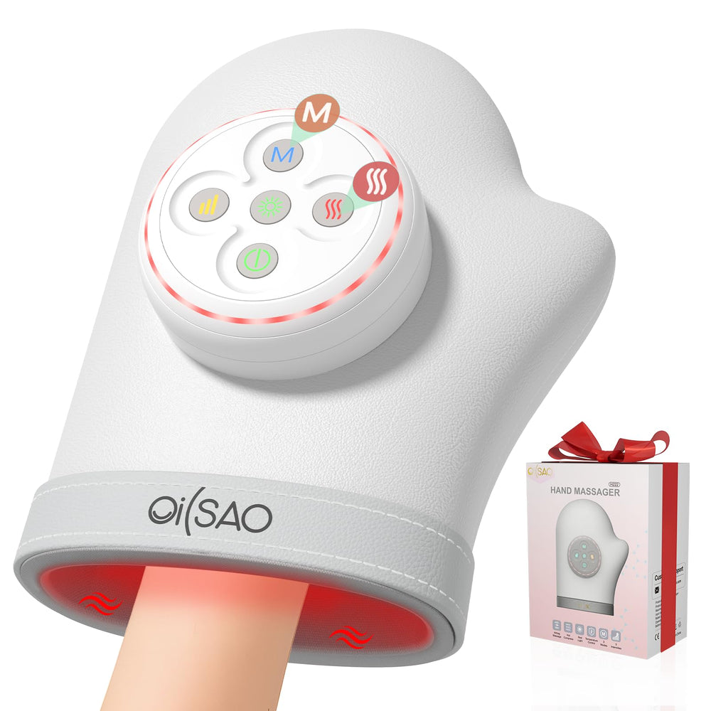 OILSAO hand massager with heat and compression showing soothing hand relief.