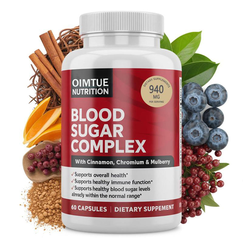 OIMTUE Blood Sugar Complex bottle shown for easy daily dosing and ongoing support