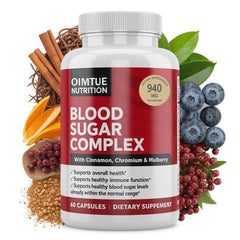 OIMTUE Blood Sugar Complex bottle shown for easy daily dosing and ongoing support