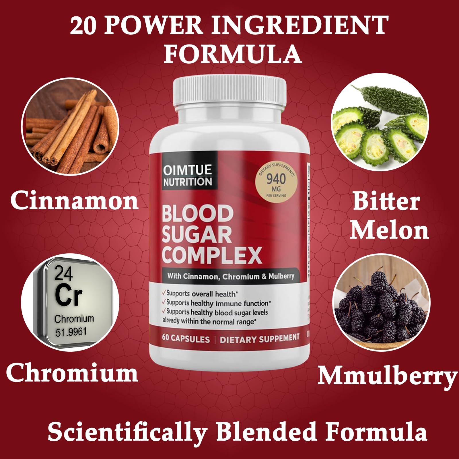OIMTUE capsules close-up highlighting Cinnamon and other botanicals