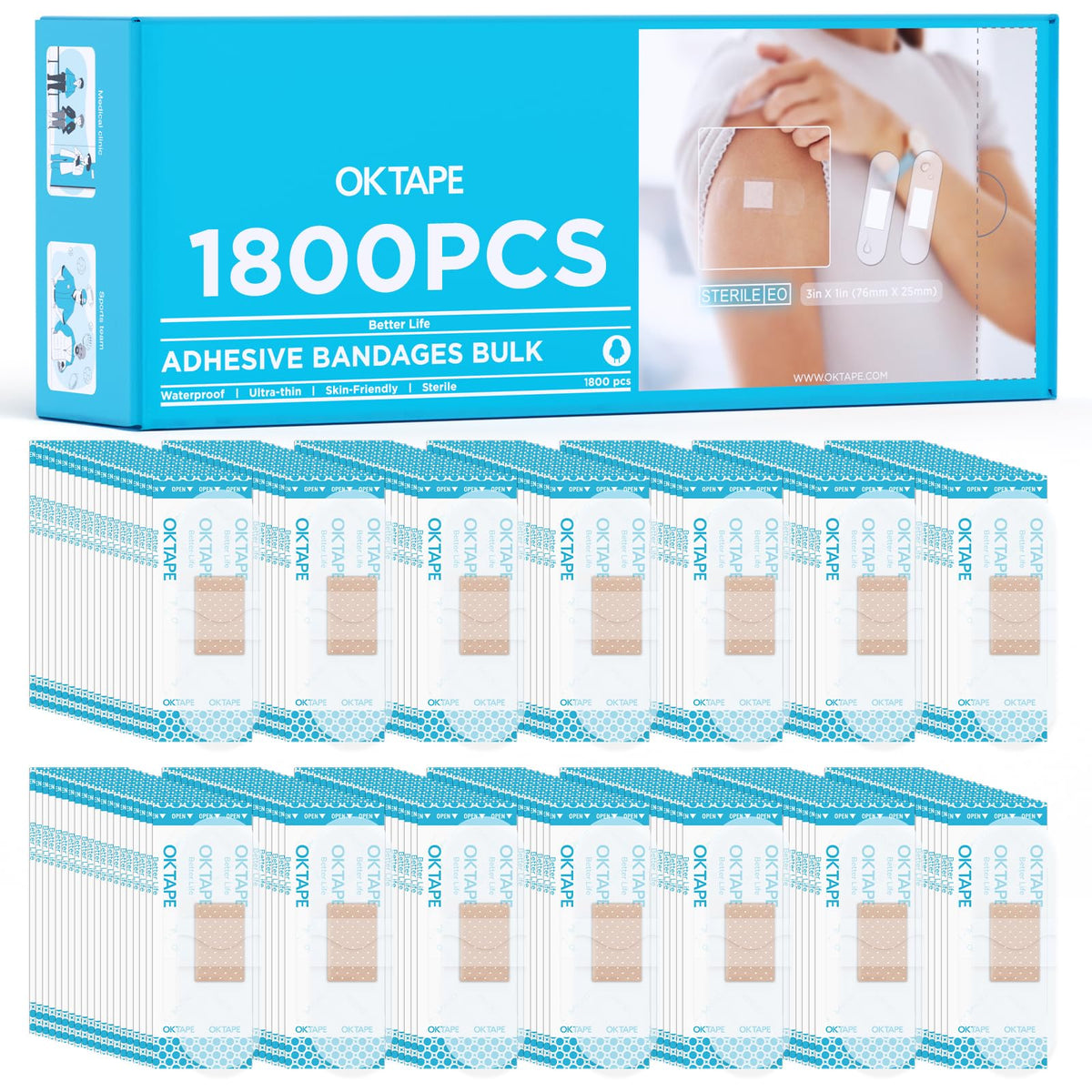 OK TAPE adhesive bandages bulk case showing 1x3 size for quick wound coverage