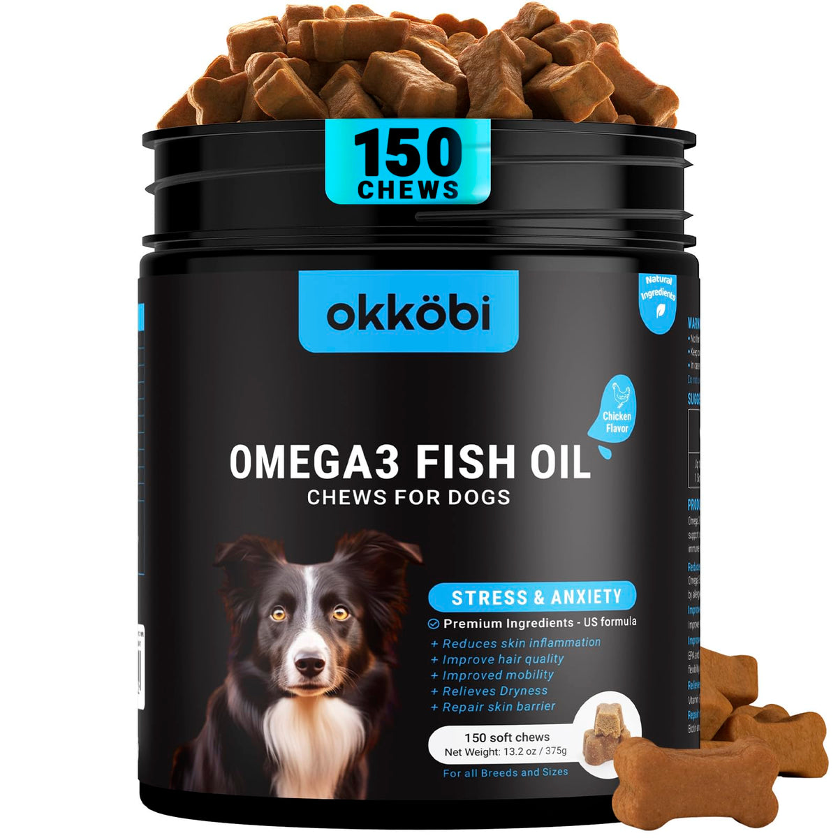 OKKÖBI Omega 3 chews for dogs in packaging promote a healthy coat and skin.