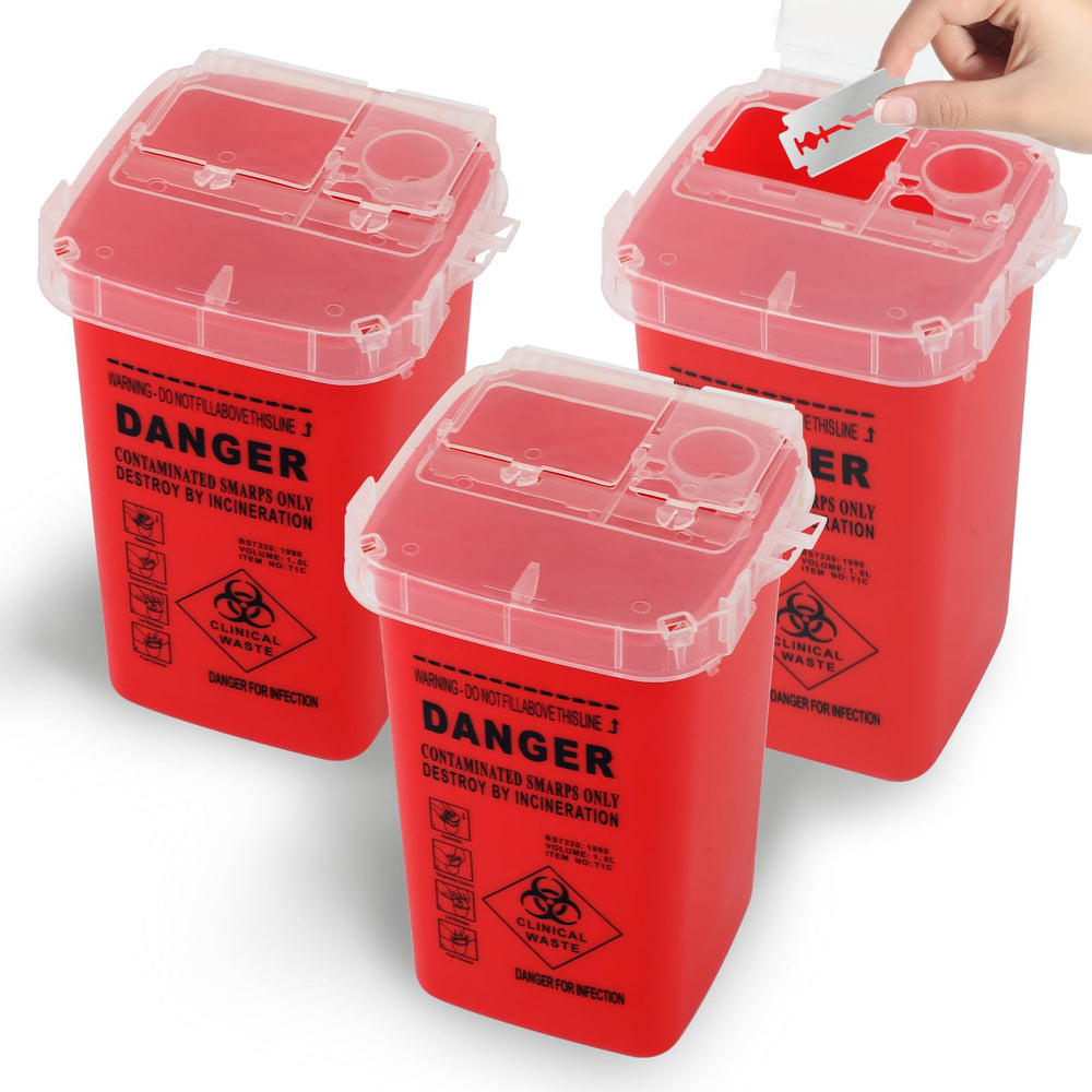 Okxiri sharps container 3-pack front view supports safe disposal at home and clinic.