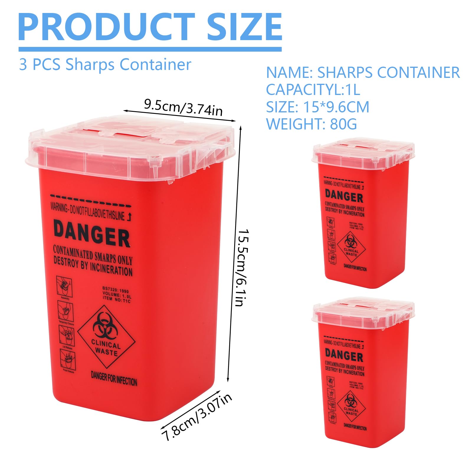 Okxiri sharps container 3-pack side view shows durable puncture-proof construction.