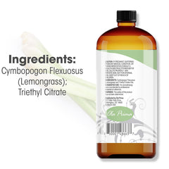 Closeup of Ola Prima lemongrass oil label indicating premium quality.