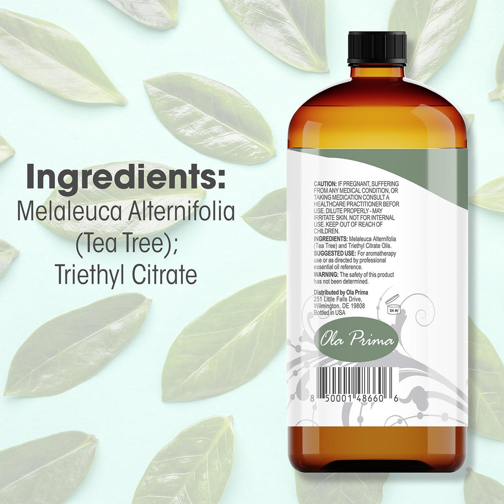 Ola Prima Tea Tree Oil closeup highlights pure therapeutic-grade aroma