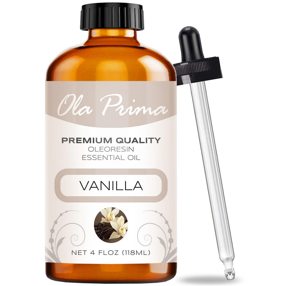 Ola Prima Vanilla Essential Oil 4oz bottle ready for use in diffusers and crafts.