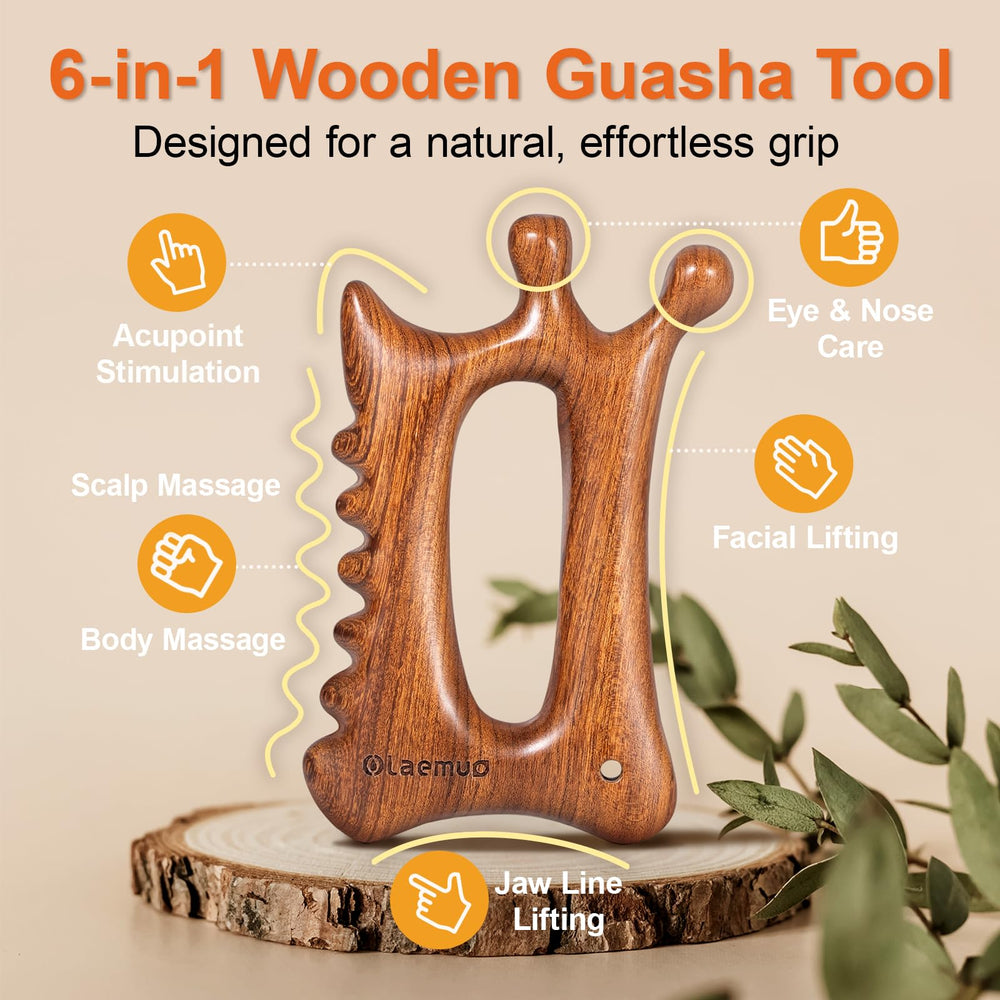Olaemuo body gua sha tool in action for multi-site massage and improved circulation.