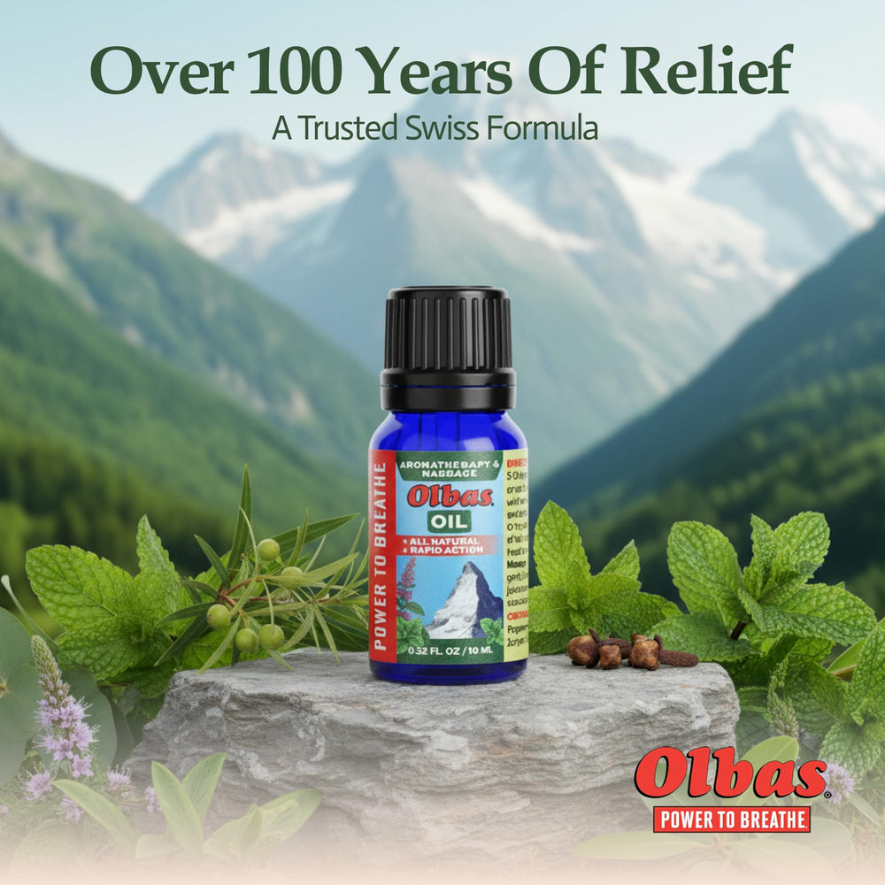 Olbas Herbal therapy scene with oils and botanicals.