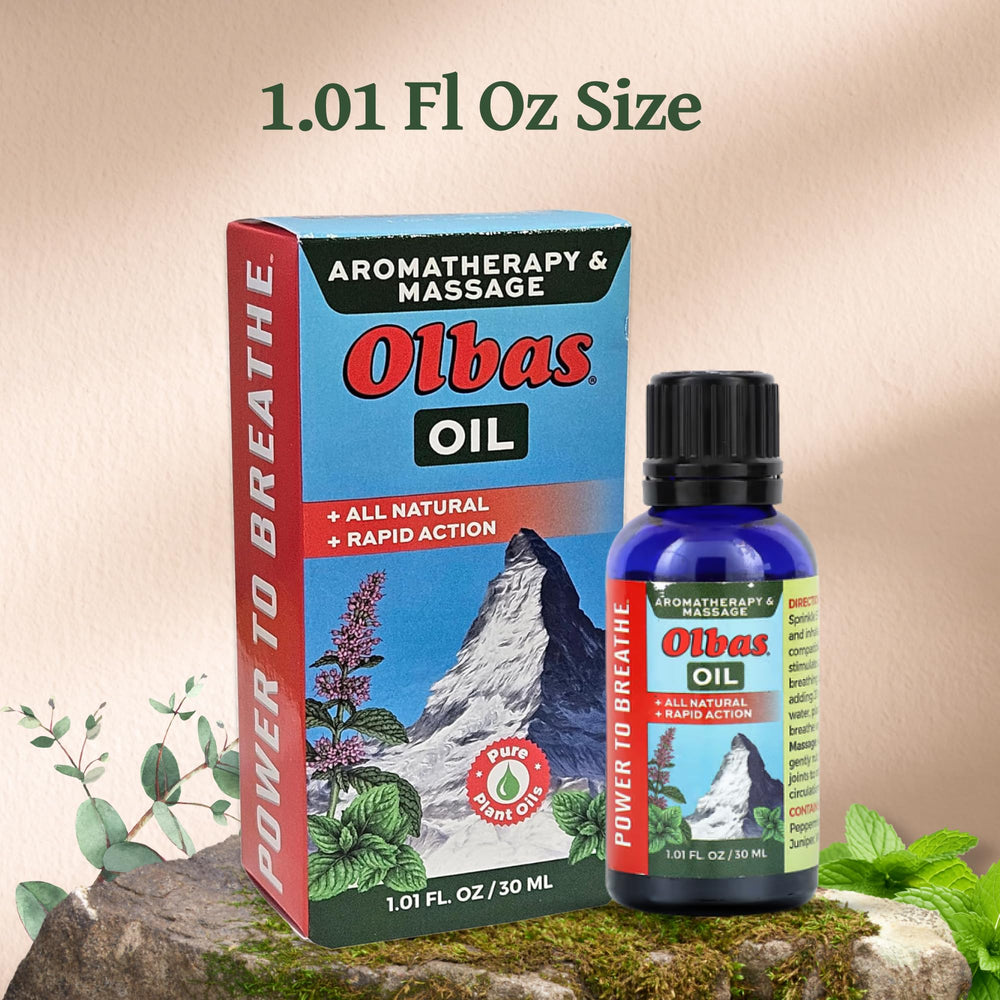 Olbas Herbal oils ingredients visual for versatile massage and inhalation.